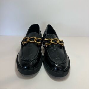 Steve Madden Black Leather Karmine women’s loafers with brushed gold chain
